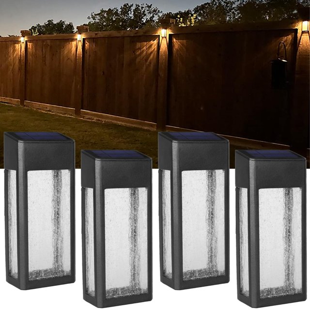 GOODFOEVER Paquete de 4 luces solares para valla, luz solar de acento/luz de pared para exteriores, valla de patio, porche y cuerpo de garaje en aluminio y vidrio resistente al agua