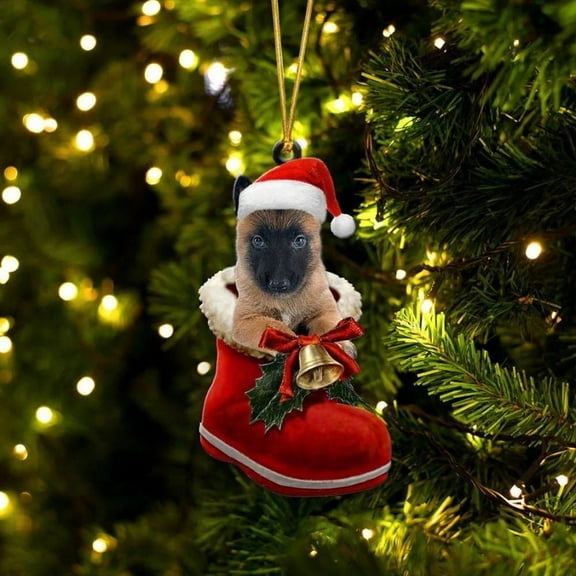 Acrylic 2D FLAT Belgain Malinois In Santa Boot Christmas Hanging Ornament