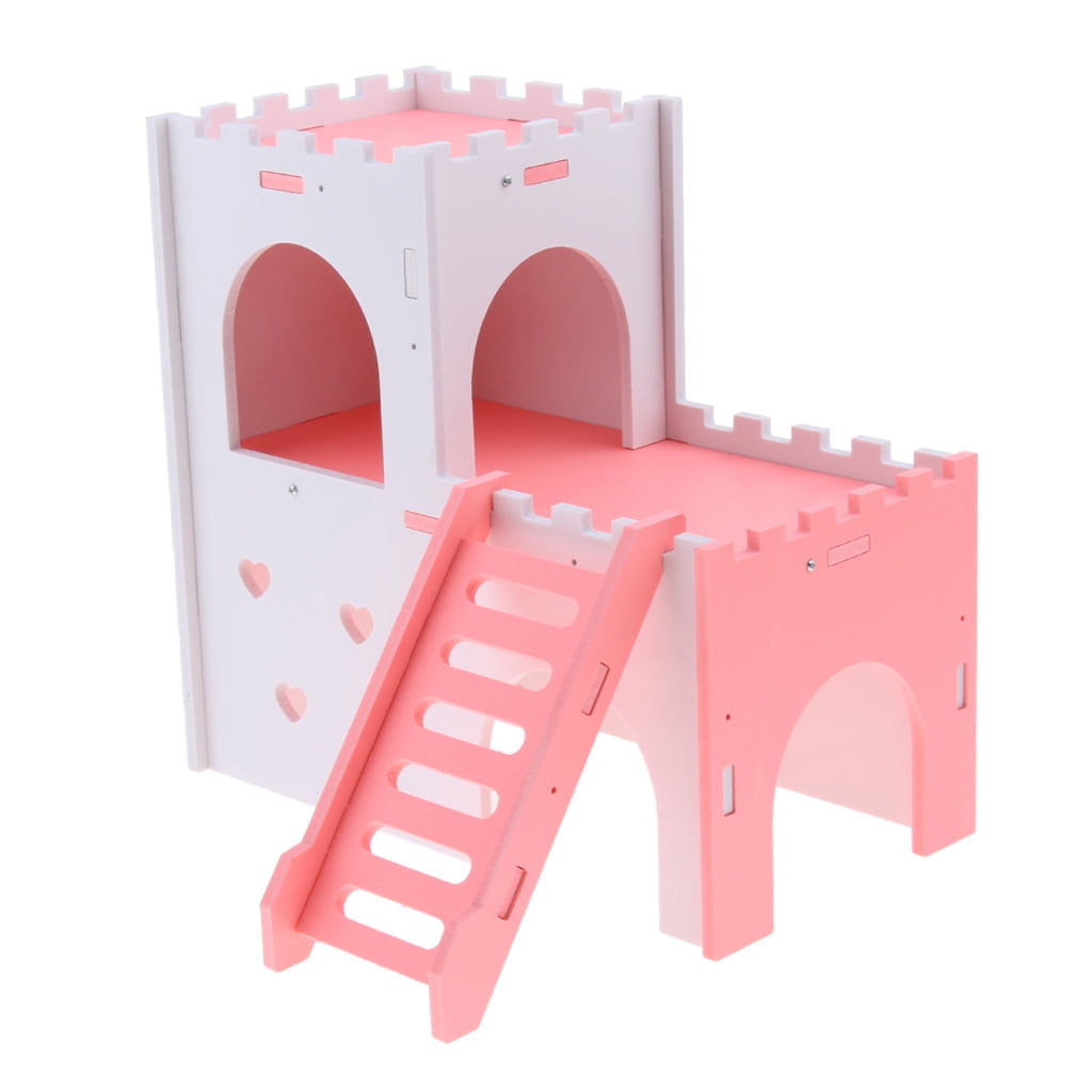 Bvdfgk Hamster Hideout House Cabin Cages Wooden Play Toy Pink