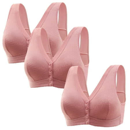 Mrat Women Wireless Bras 3pc Womens Front Close Wirefree Bra Everyday Sleep Bras for Older Sports Bras Convenient Snap S-140 Pink-A M
