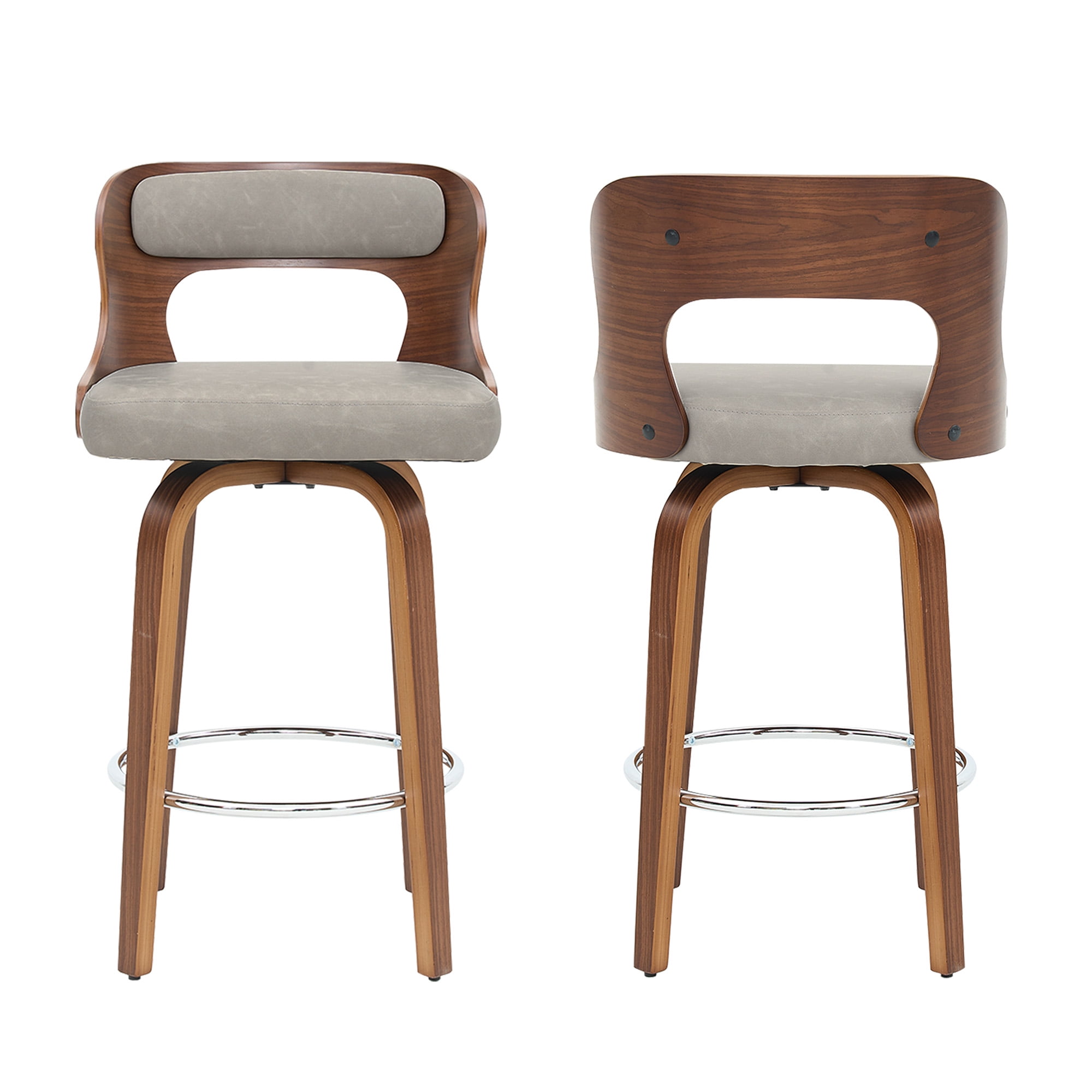 ClinQ 26 inch Swivel Bar Stools Set of 2, Counter Height Bar Chairs with Walnut Legs and Silver Ring Footrest, Upholstered Faux Leather, Gray