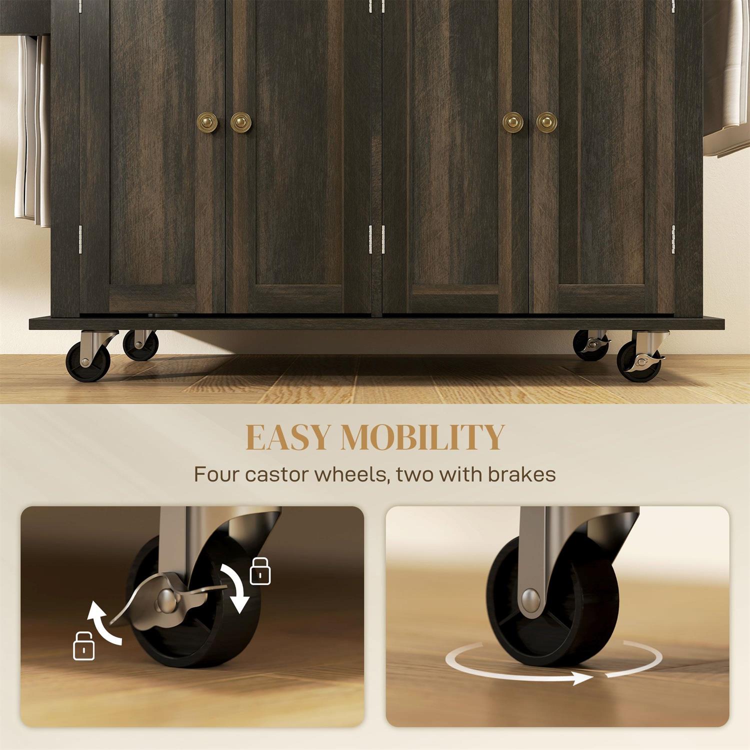 Demi Bonn 43" Rolling Kitchen Island Table Cart with Rubber Wood Top, Drawers, Adjustable Shelves, Spice Rack and Towel Rack for Dining Room, Brown