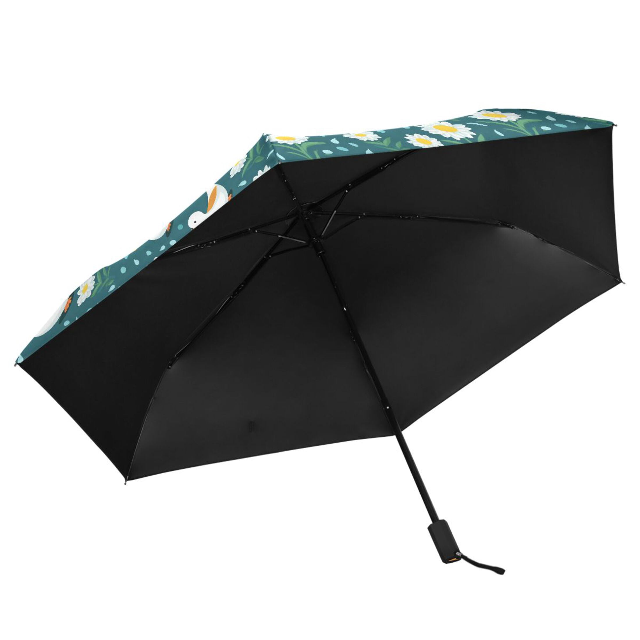 Cartoon Cute Duck and Daisies Compact Sun Umbrella Windproof Travel Umbrellas for Rain Strong Portable UV Protection