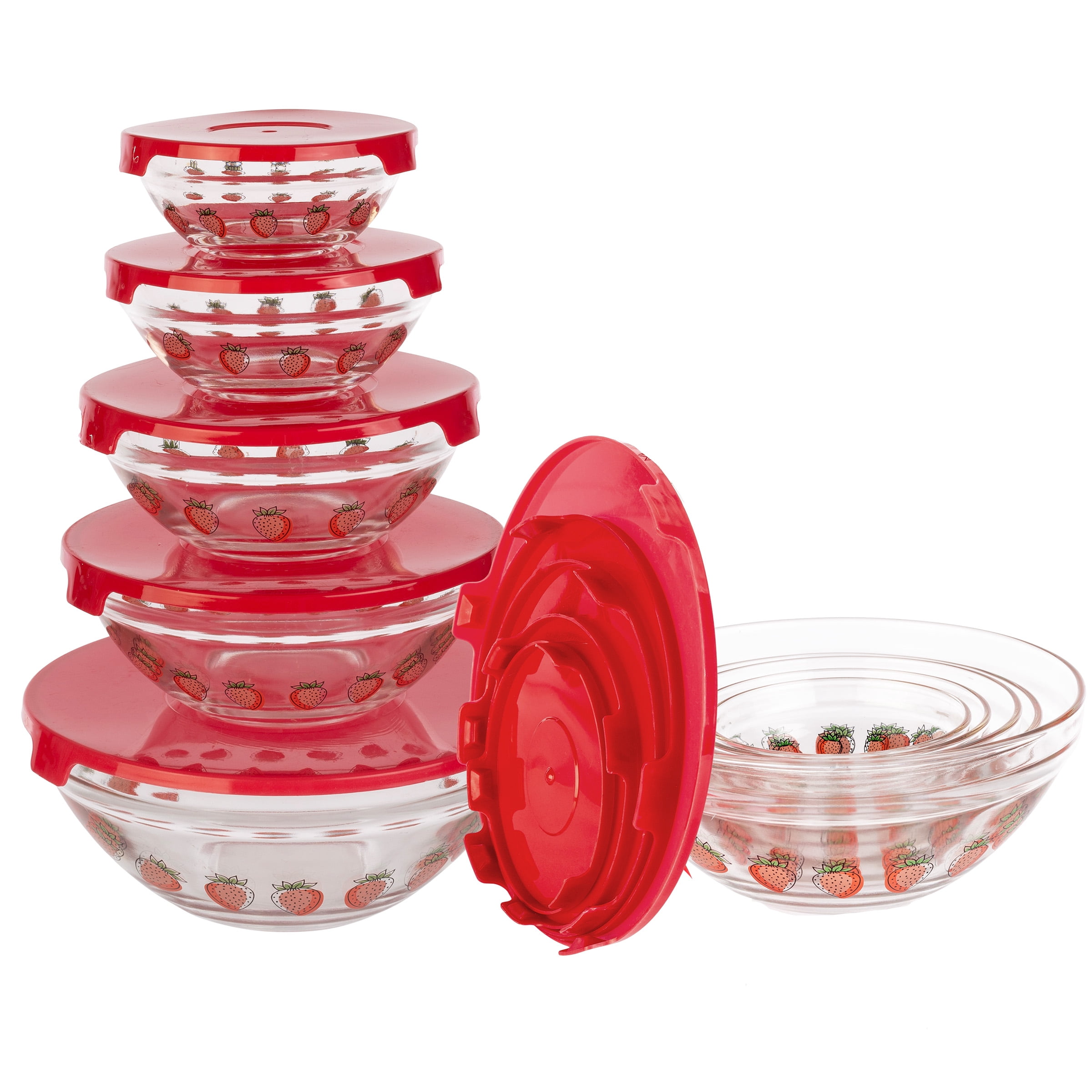 Glass Food Storage Containers with Lids- 20 Piece Set with Multiple Bowl Sizes for Storage, Meal Prep, Mixing and Serving by Chef Buddy (Fruit Design)