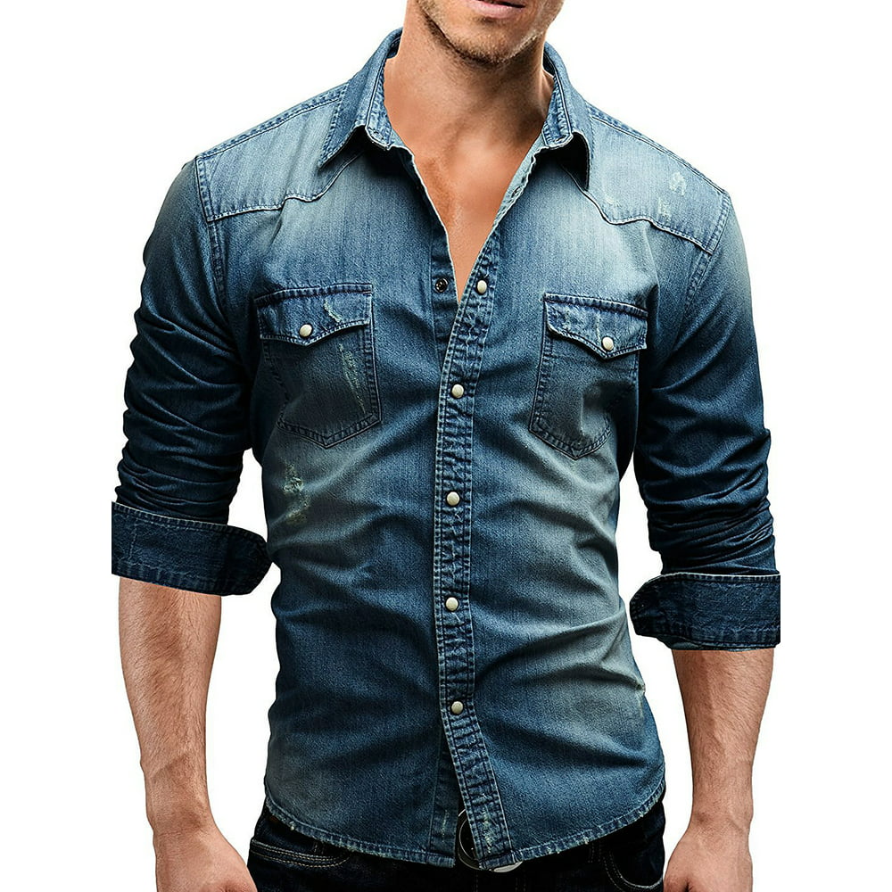CVLIFE - Men's Cotton Cowboy Denim Shirt Snap Button Up Long Sleeve ...