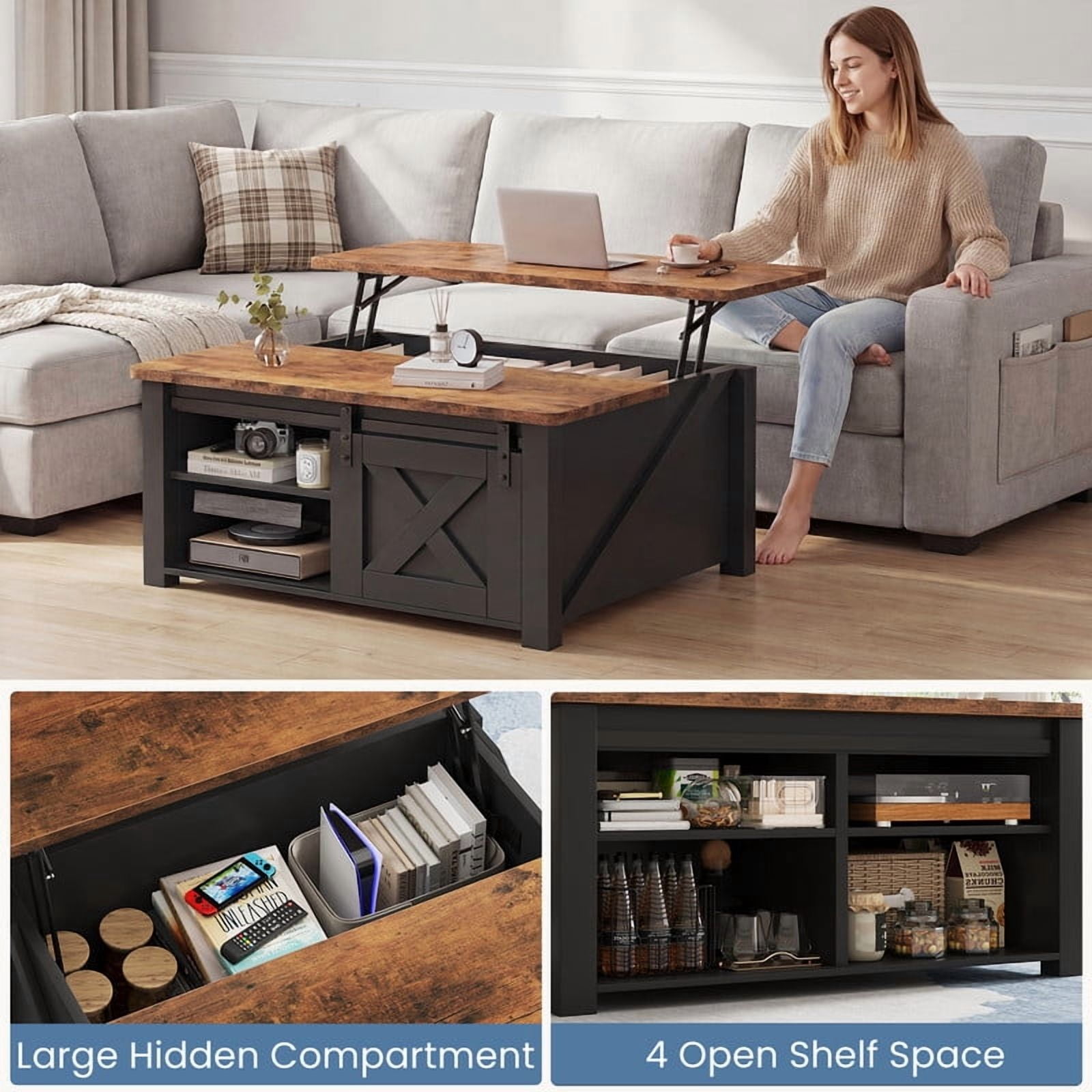 Gianna Lift Top Coffee Table with Large Hidden Storage, Adjustable Shelves, Black-new