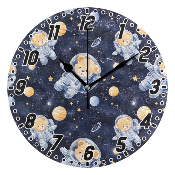 Dailycode Round Wall Clock Battery Operated Silent Non-Ticking Hanging Clock 10" Cute Bear in Space
