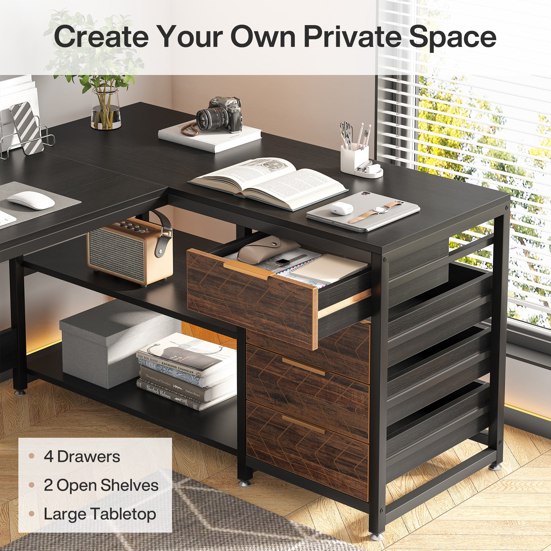 Tribesigns L-shaped Computer Desk, 59 inch Corner Desk with Drawers and Storage Shelves, Reversible Writing Study Table for Home Office, Black