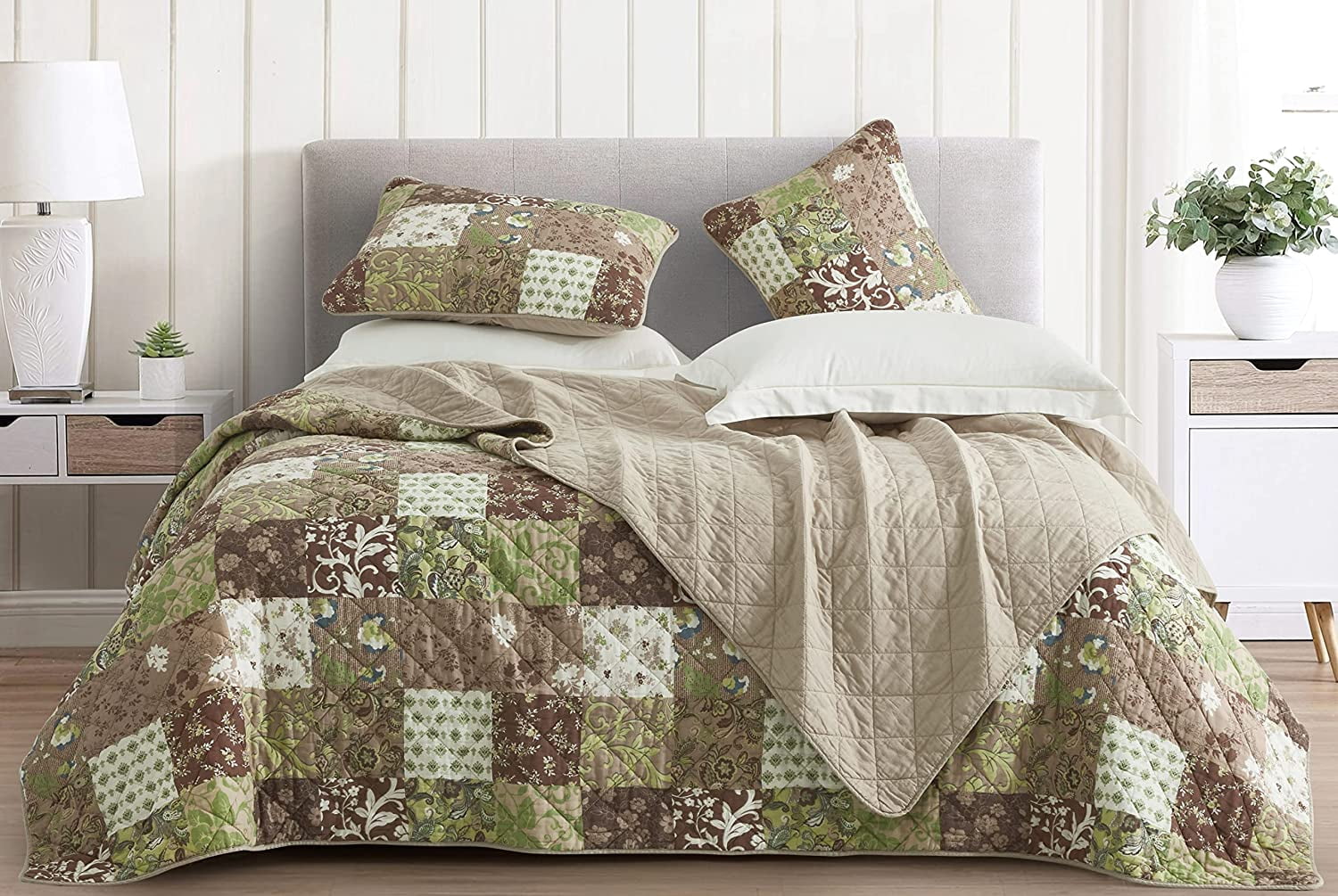 Chezmoi Collection Leilani 3-Piece Boho Washed Cotton Quilt Set Queen Size - Bohemian Quilted Bedding Brown Taupe Green White Floral Printed Patchwork Lightweight Bedspread Set for All Season