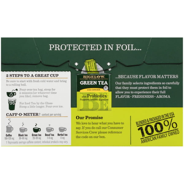 Bigelow Green Tea With Ginger Plus Probiotics, 18 Ct Tea Bags, 4 Pack