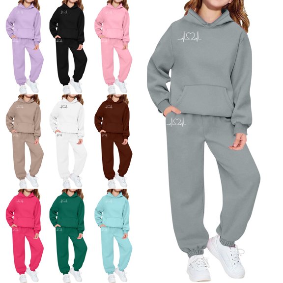 Afuyipoi Girls Casual Heart Graphic Fleece Lined Pullover Hoodie and Active Tracksuit Pants Set 2-13Y Green Size 2T