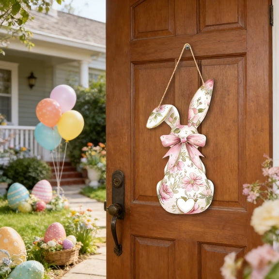Wooowa Easter 2D Wood Welcome Door Sign, Bunny Hanging Wreath Decor, Carved Wooden Plaque for Front Door & Easter Porch