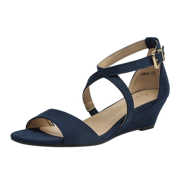 Dream Pairs Women Ankle Strap Low Wedge Sandals Casual Dress Shoes Fashion Open Toe Sandals Jones Navy/Suede Size 7.5