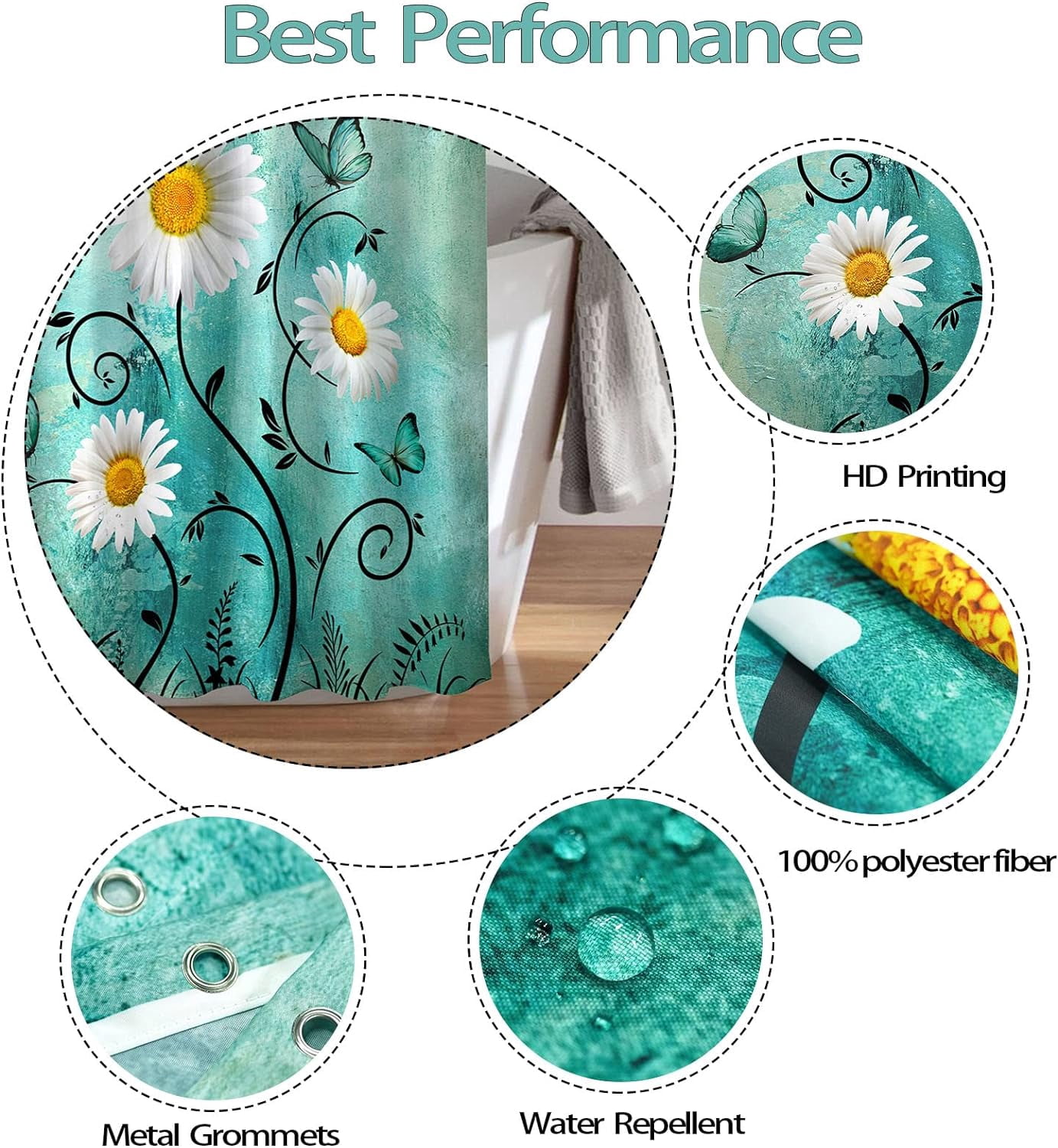 Rustic Farmhouse Shower Curtain White Daisy Floral Turquoise Waterproof Fabric Shower Curtains for Bathroom Flower Teal Butterfly Bath Curtain Decor with Hooks (Dark Teal, 72'''' x 72'''')