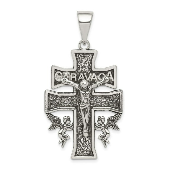 Antique Sterling Silver Caravaca Crucifix Cross Pendant Necklace for Men and Women with INRI Angel Detail Catholic Christian Religious Jewelry Spiritual Faith Symbol Accessory