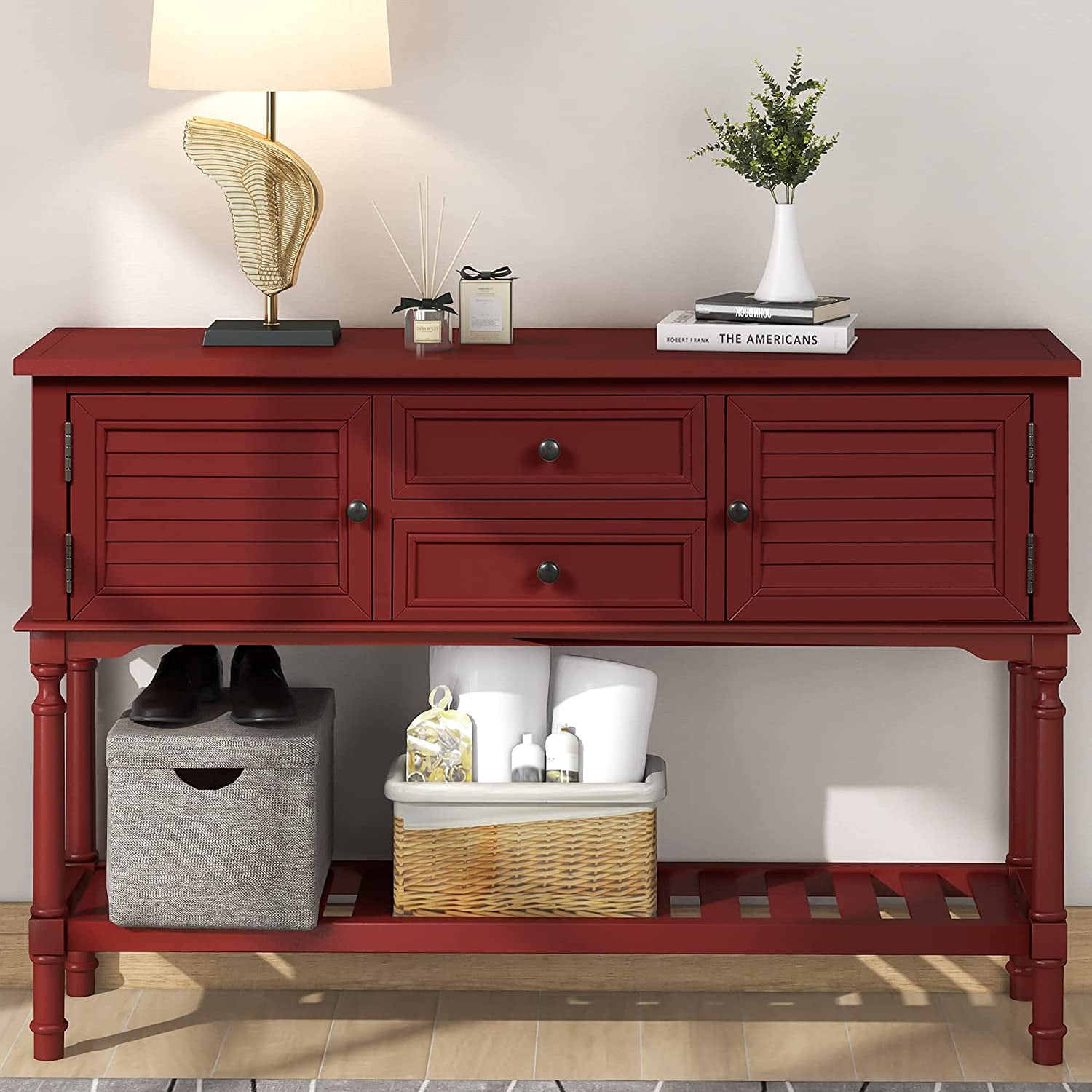 Red console table with cheap storage