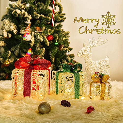 Set of 3 LED Light Up Christmas Present Gift Boxes Battery Powered Decoration 