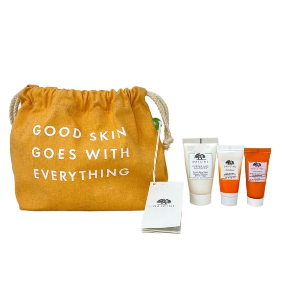 Origins Good Skin Goes With Everything Mini Trio Set -Face Wash, Brightening Serum and Gel Moisturizer - with a Bag - Travel Size
