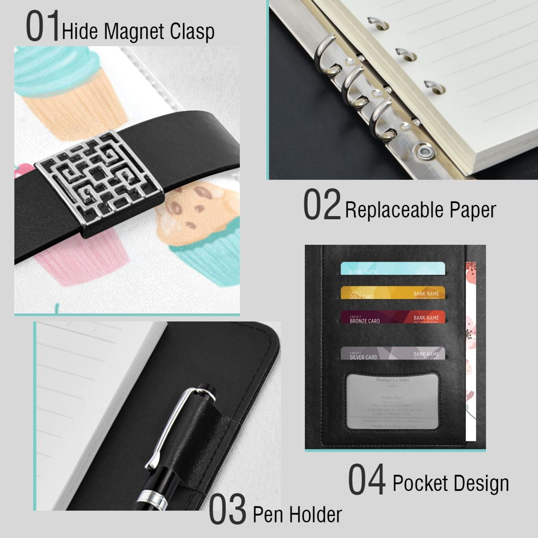 Leather Planner Leather Notebook Notebook Journal Binder Design Pen Pocket Design Convenient for Storage Cupcake Pattern Pastel