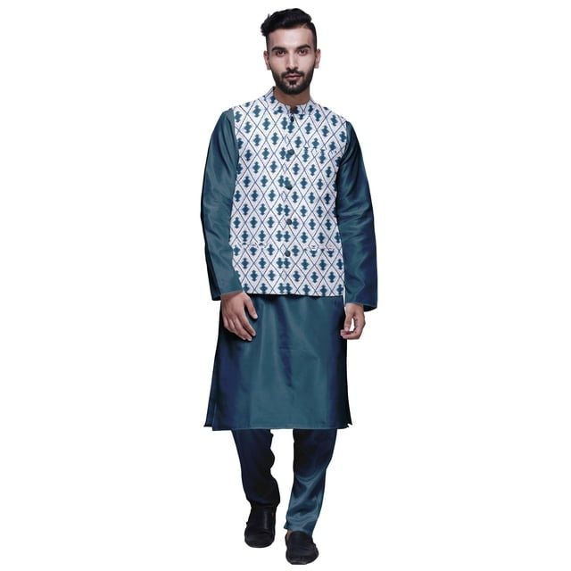 Atasi Kurta Pyjama Traditionnel Uni à Col Mandarin avec Ensemble de Veste Imprimée