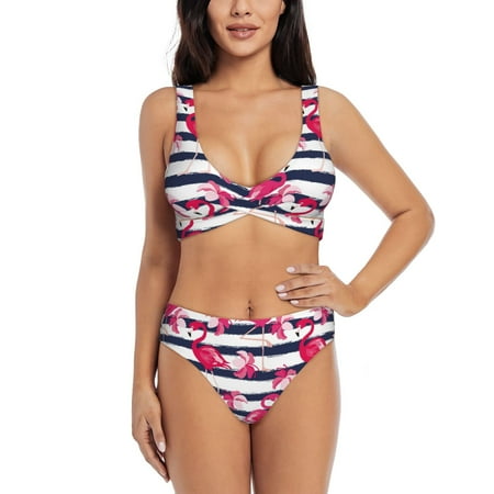 Zeuib Dark Blue Stripes and Flamingos High Waisted Tummy Control Bikini Set - Knot Front Push Up Top & Cheeky Thong Bottom  Two-Piece Swimsuit for Women-Small