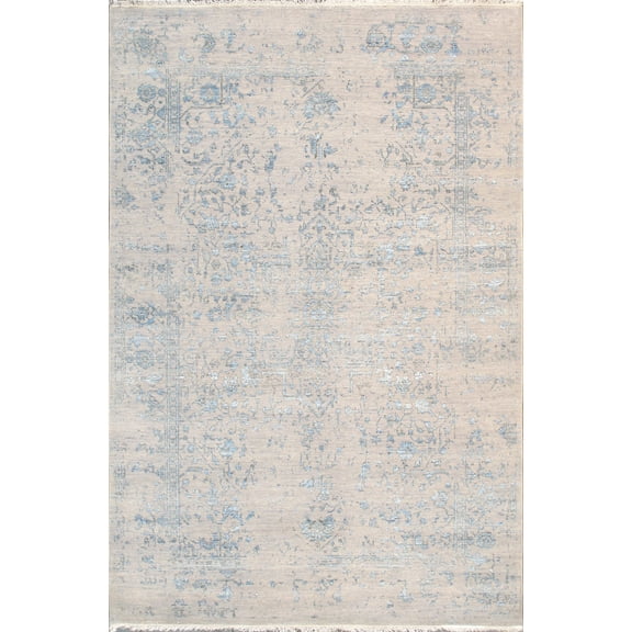 Pasargad Home Transitional 6' x 9' Hand-Knotted Bamboo Silk and Wool Silver/Light Blue Rug - All Ages, Indoors
