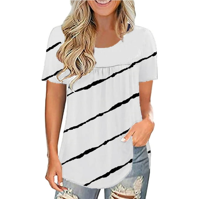 Pompotops Fashion Womens Lace Pachwork Printed Short Sleeve O-Neck Casual Tops Blouse