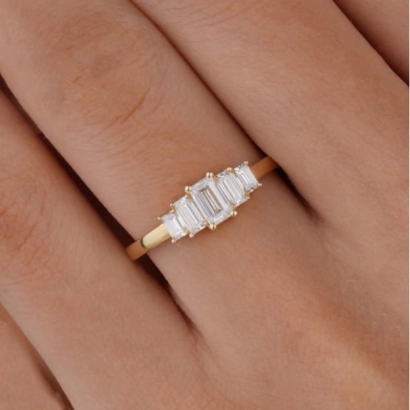 Cora Jewellery Art Deco 5 Stone Baguette Moissanite Engagement Ring For Women, 14K Yellow Gold
