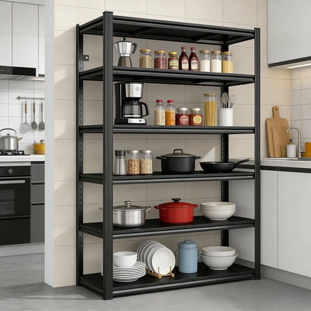 6-Tier Adjustable Metal Shelving Unit, 40" W x 82" H, Black, 2000 lbs Total Capacity