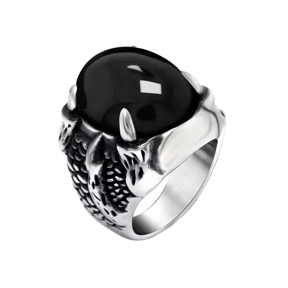 HIJONES Men's Women's Stainless Steel Couples Ring Vintage Silver Dragon Claw Ring with Red and Black Stones Accessories Black Size 12