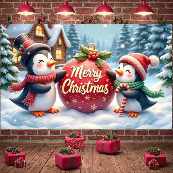 Penguin Theme Christmas Banner Red Merry Christmas Banner Christmas Ball Decoration Holly Leaf Xmas Banner for Christmas Party Home Decoration Holiday Celebration