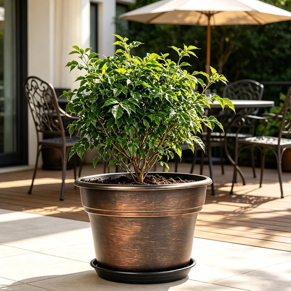 Thickened Plastic Flower Pot for Outdoor Use, Sun Resistant Gold Landscape Planter with Drip Tray, Heavy Duty Gardening Pot for Home Patio Balcony Garden, Large Plastic Flower Pot with Drainage Tray