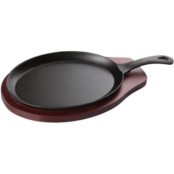 Soro Essentials- Cast Iron Fajita Server 2-Piece Set- Iron Skillet Plate Sizzler Pan Wooden Underliner with Built-in Handle for Restaurant Kitchen Cooking Accessory BBQ Party
