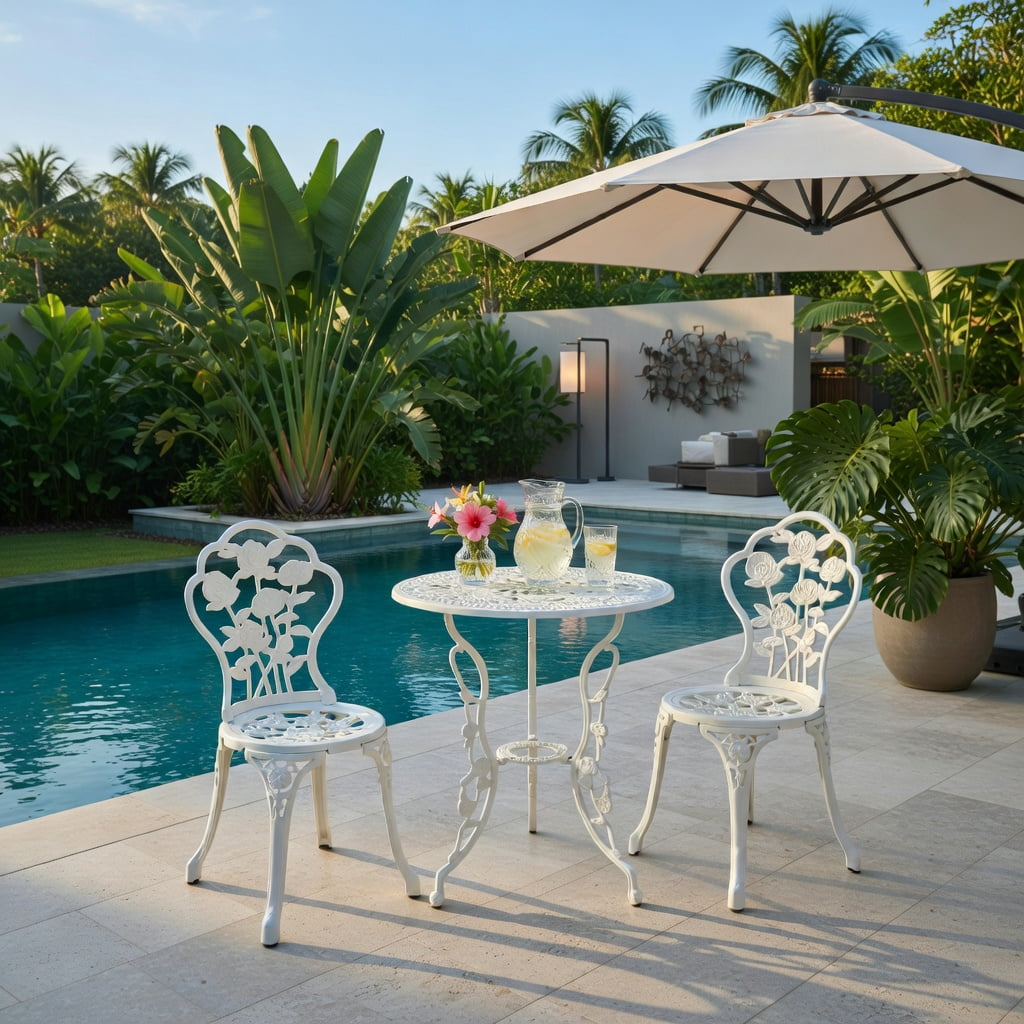 Hommoo Cast Aluminum Outdoor Patio Furniture Set, 3-Piece Rose-Embellished Table and Chairs for Balcony, Deck, Garden or Poolside, White