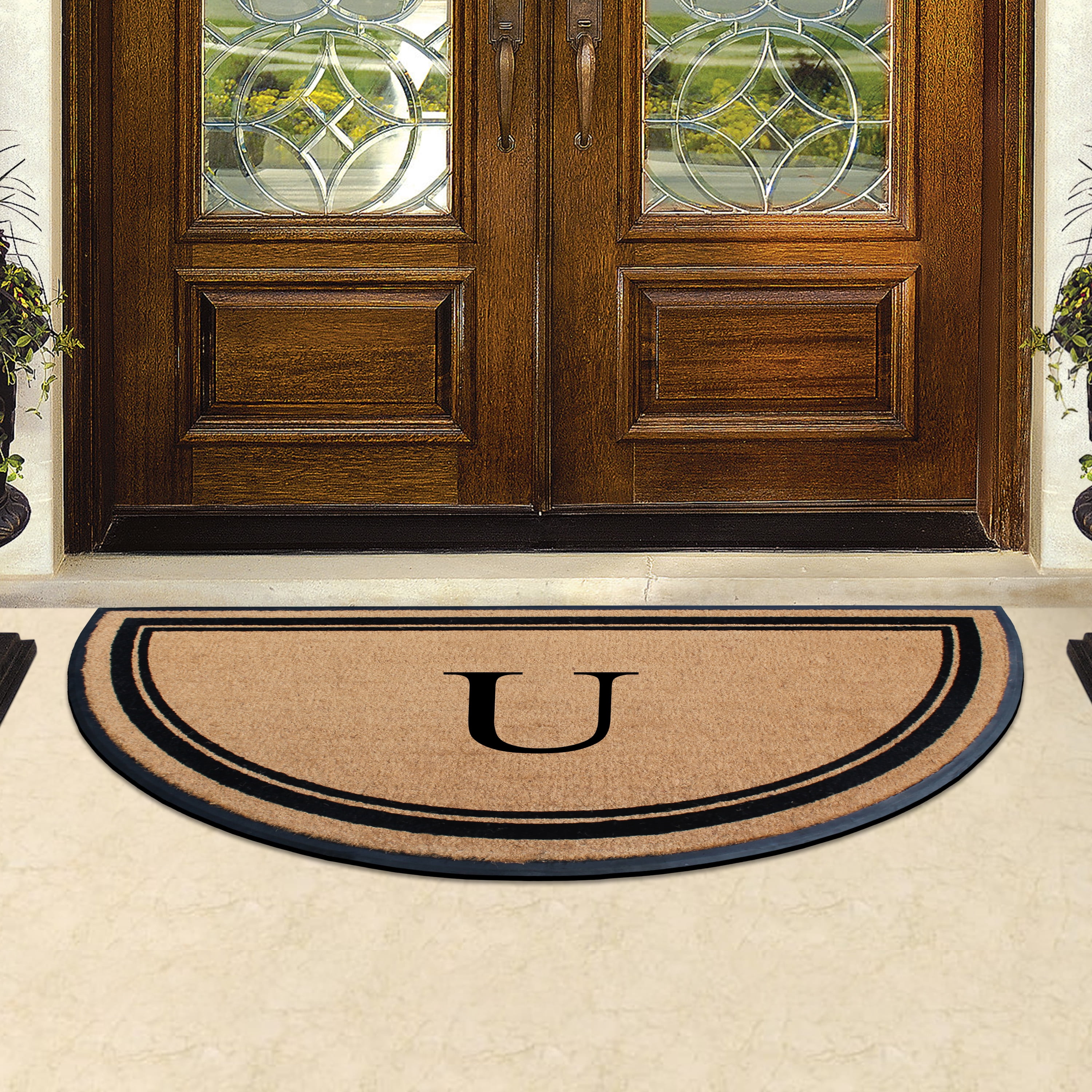 A1HC 36"x72" Natural Coir & Rubber Semicircular Monogrammed Door Mat, Thick, Durable, Heavy-Duty Welcome Mat for Front Door, Black Border