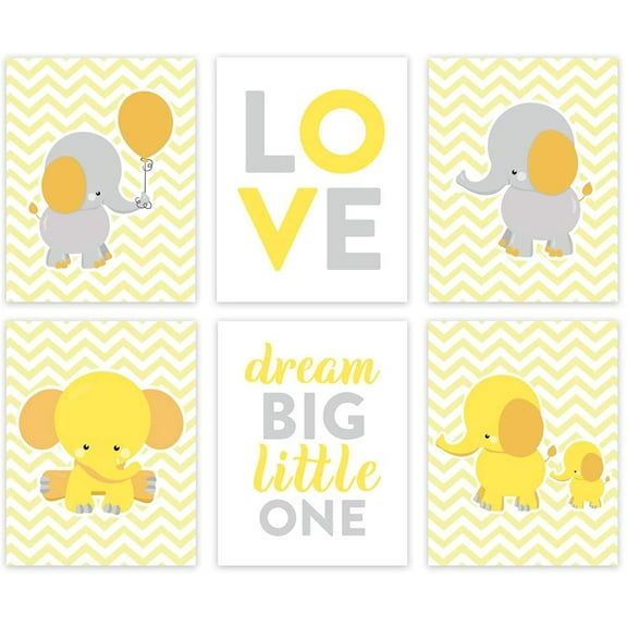 Koyal Wholesale Elephant Theme Girls Nursery Hanging Wall Art, Gray Yellow Elephant, Love, Dream Big Little One