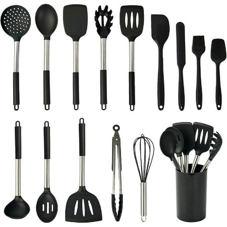 

Silicone Cooking Utensil Set 15 Piece Silicone Utensil Set Heat Resistant Non-stick Pan Silicone Stainless Steel Handle Without BPA Turner Spatula Spoon Egg Beater Tongs Whisk Cookware (Black)
