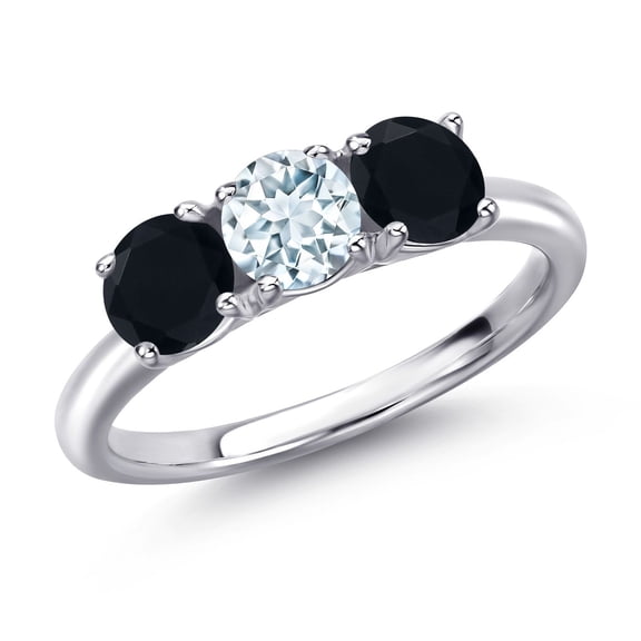 Gem Stone King 925 Sterling Silver Sky Blue Aquamarine and Black Onyx Engagement Ring for Women | 1.45 Cttw | Round 5MM | Gemstone March Birthstone | Size 9