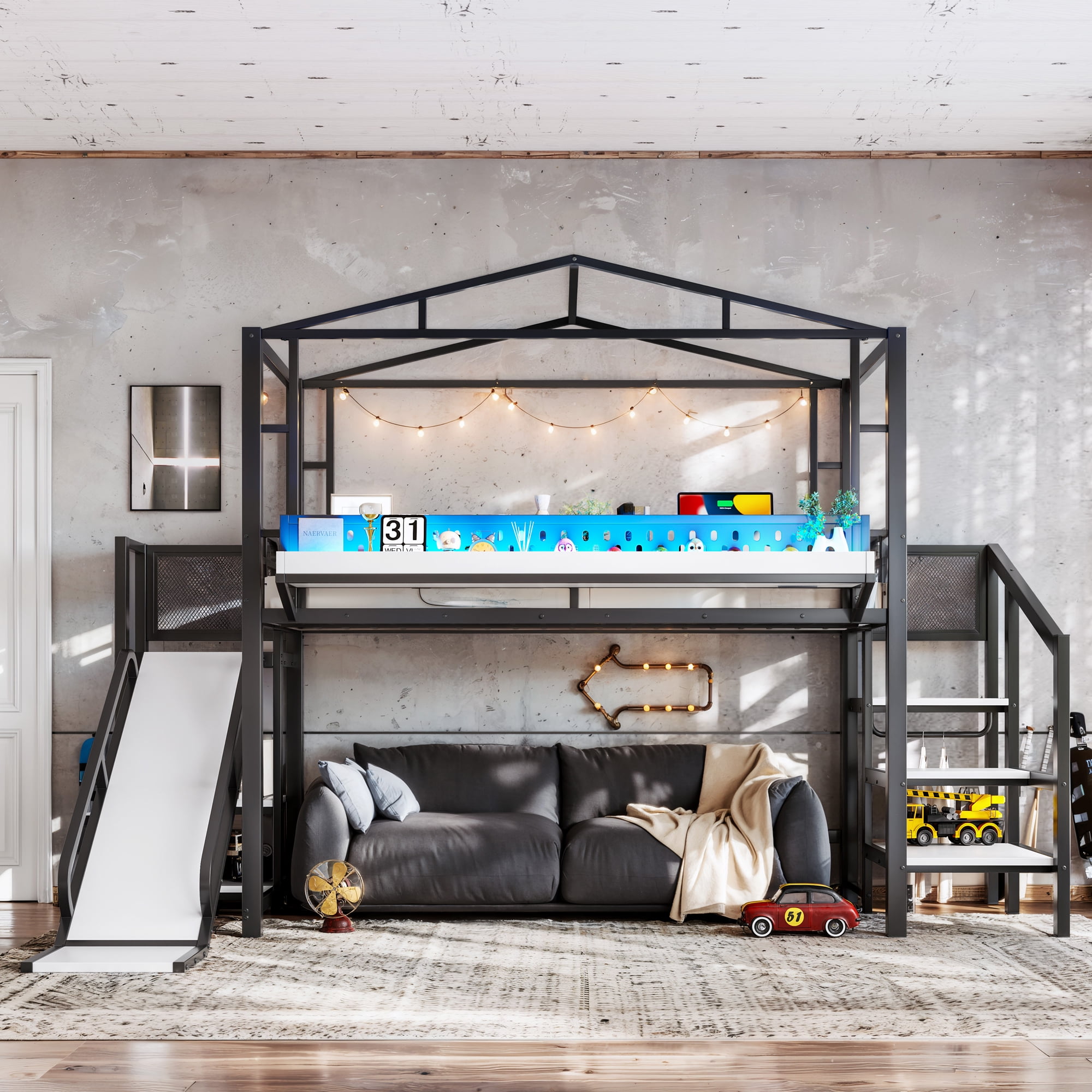Aukfa Twin Loft Bed with Storage Stairs, Slide, Shelves, USB Ports and LED Lights, Metal Loft Bed for Kids, Noise-Reduced Design, Black