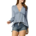 thumbnail image 6 of INSPIRE CHIC Women's Deep V Neck Drawstring Swiss Long Sleeves Blouse Tops S Blue, 6 of 8