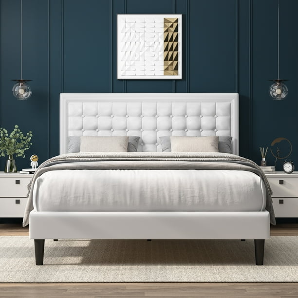 Homfa Queen Size Bed, Button PU Leather Upholstered Platform Bed Frame