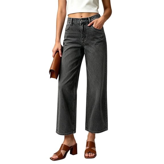 Sentuca Jeans for Women High Waisted Straight Leg Solid Denim Pants with Pockets Casual Fashion Trousers Gray XXL