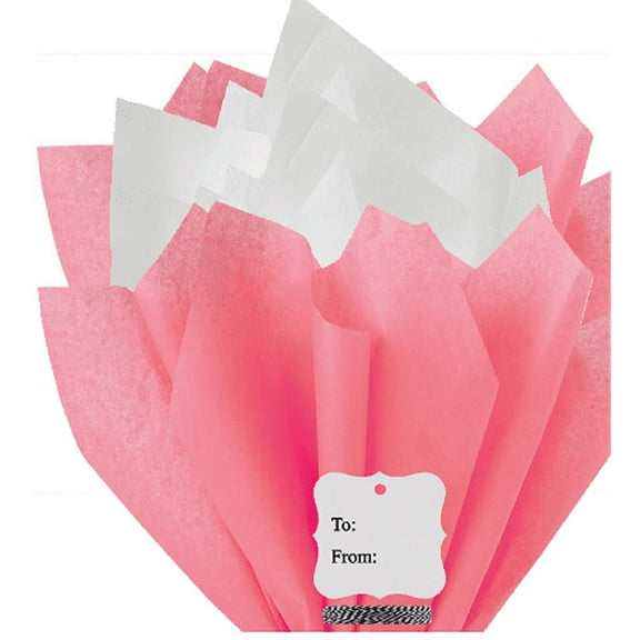 100Sheets Coral Rose Pink and White Gift Wrap Pom Pom Color Tissue Paper Mix with 12 To From Gift Tags & Twine