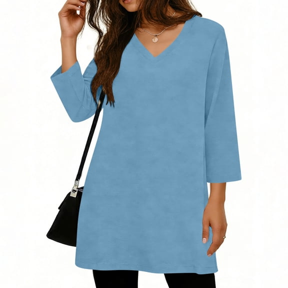 Cilsoka Womens Tops 3/4 Length Sleeve Dressy Casual Shirts V Neck Summer Loose Fit Solid Long Flowy Blouse Travel Vacation Comfy Clothes