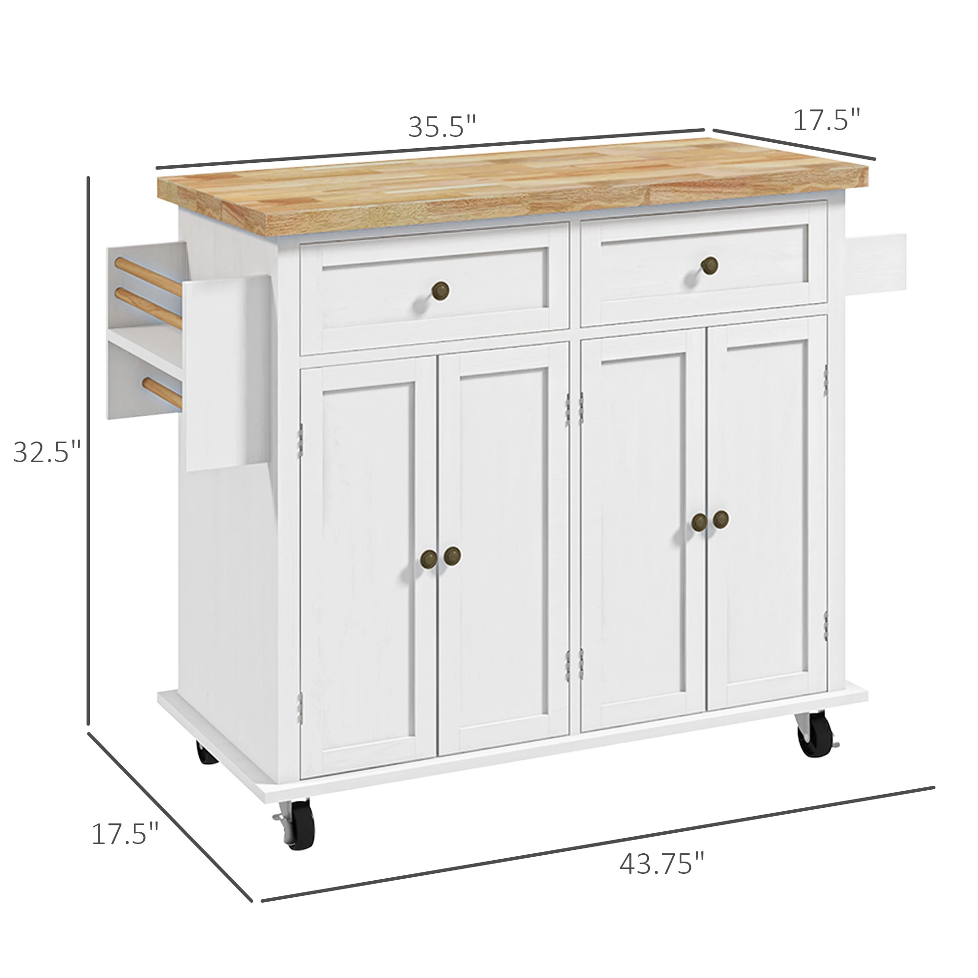 Kitchen Island Cart with Rubber Wood Top, Rolling Kitchen Island Table with Drawers, Adjustable Shelves, Spice Rack & Towel Rack — White