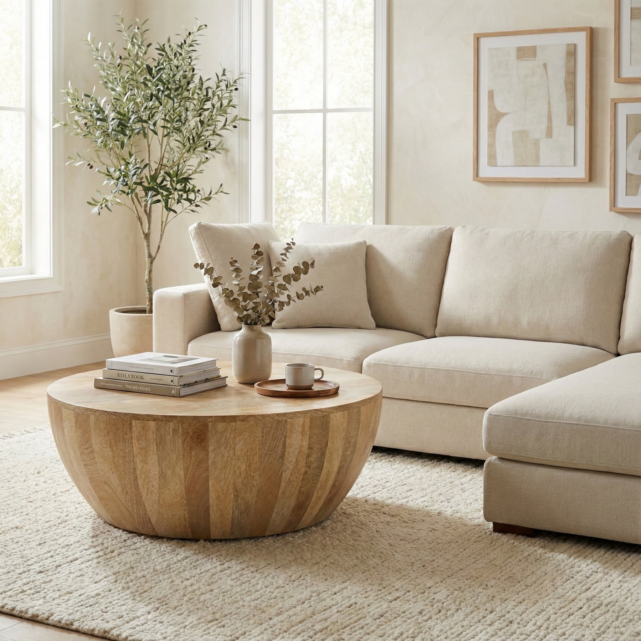 Simpli Home Elmbrook 34 inch Wide Solid Mango Wood Drum Coffee Table, Natural Blonde