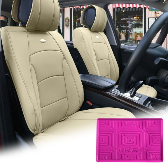 FH Group Solid Beige Leatherette Front Bucket Seat Cushion Covers for Auto Car SUV Truck Van with Hot Pink Dash Mat