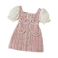 thumbnail image 2 of YWDJ Girls Semi Formal Dress 2-8 Years Old Spring And Summer Dresses Bubble Sleeve Patchwork Plaid Pearl Small Ball Short Sleeved Dresses Pink 8Y, 2 of 8