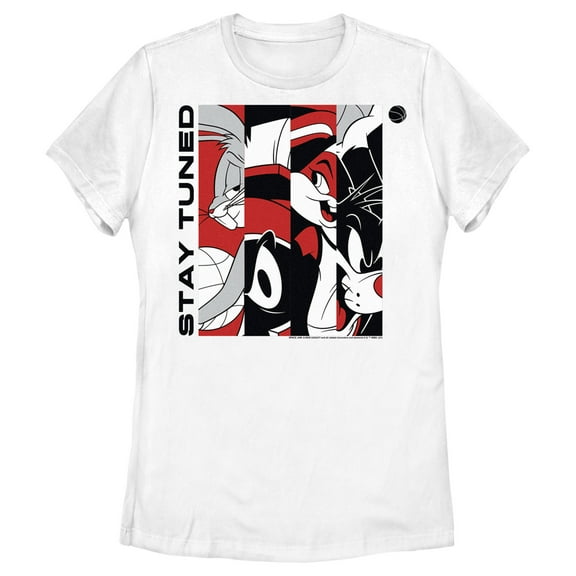 Women's Space Jam: A New Legacy Stay Tuned Panels Red and Black  Graphic Tee White X Large