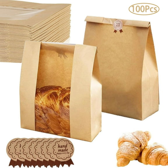 100Pcs Large Bread Bags for Homemade Bread, Sourdough Bread Bags with Clear Window, Kraft Bread Storage for Sourdough Sandwich Bread Bag Packing Storage with Sealing Stickers(13.7''x8.2''x3.5'')